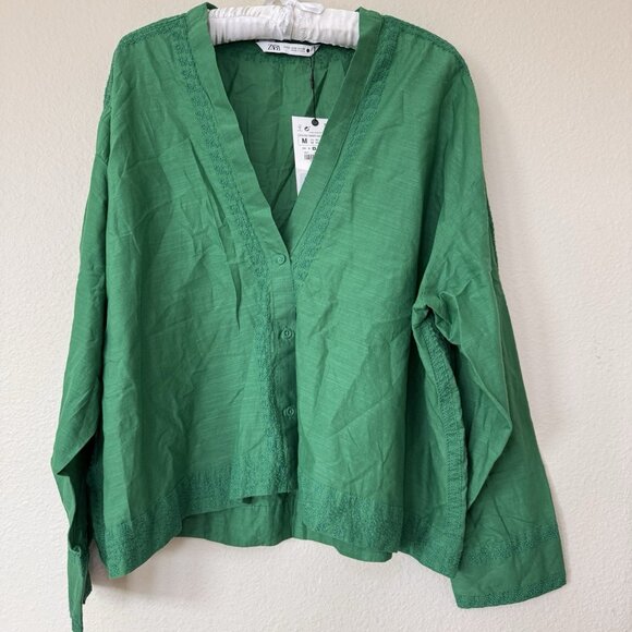 Zara Medium Boho Oversized Boxy Embroidered Slouchy Comfy Grunge Blouse Green - Picture 1 of 8